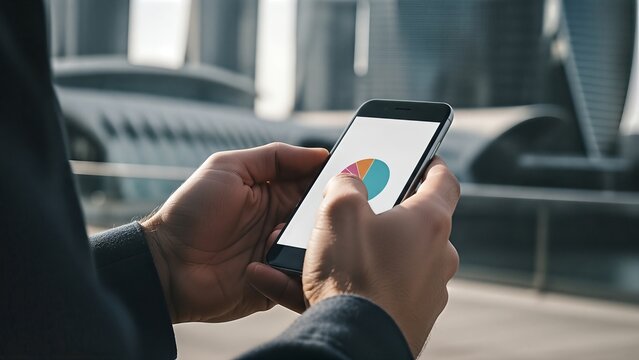 A businessman checks a pie chart on a smartphone outside with cityscape background, suggesting analysis and technology. - Powered by Adobe