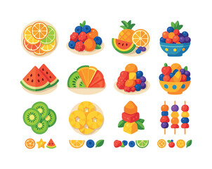 Colorful Fruit Platter Icons. Fruit platter design. Colorful flat vector icons set of fruit platter design: citrus ring layout, berry cluster, tropical mix,