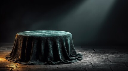 Dark green velvet covered round table podium on stone floor with dramatic spotlight. Empty product display mockup stand with mystery atmosphere background