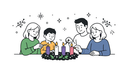 Advent Candle Gathering. People lighting Advent candles evening. Family gathered as soft candlelight creates a warm glow. Quiet togetherness and gentle winter