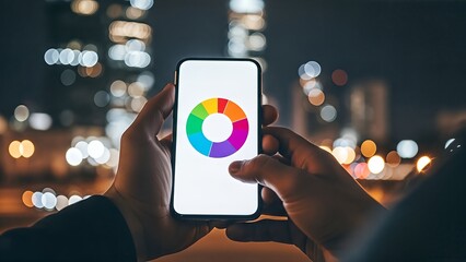 Hands holding a smartphone showing a colorful pie chart at night. Blurred city lights in the background create a vibrant mood.