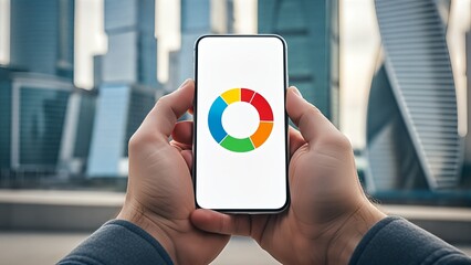 A person holds a smartphone displaying a colorful pie chart, set against a backdrop of modern city skyscrapers.