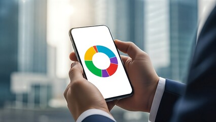A suited man holds a smartphone with a colorful pie chart. The modern cityscape is blurred in the background.