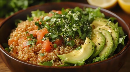 Healthy quinoa bowl with fresh avocado slices, mixed greens, diced tomatoes and sesame seeds in wooden bowl for nutritious meal planning and clean eating.