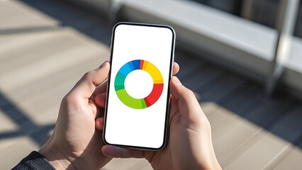 Hands holding smartphone with vibrant circular chart display. Bright lighting and modern context.