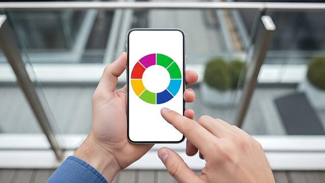 Close-up of hands using a smartphone with a vivid color wheel chart on screen.