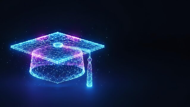 Futuristic digital graduation cap with glowing neon wireframe design on dark background for education technology and online learning concepts.