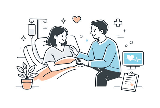 Family Support Visit. Hospital visit family support. Family member accompanying a patient, gentle gestures and calm expressions. Feeling of care, support, and