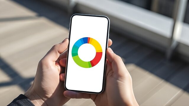 Hands holding smartphone with vibrant circular chart display. Bright lighting and modern context. - Powered by Adobe