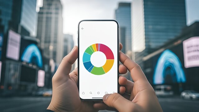 A person holds a smartphone displaying a multicolored pie chart against an urban backdrop. - Powered by Adobe