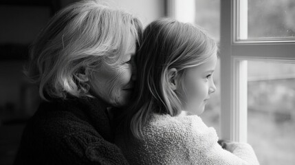 Black and white photograph of an elderly woman and a young girl looking out of a window. the woman is on the left side of the image, with her head resting on the shoulder of the girl.