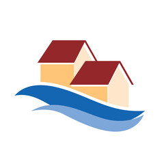 Houses standing on water protecting from flood waves