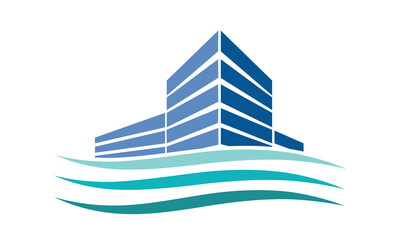 Modern building waterfront logo creating abstract waves