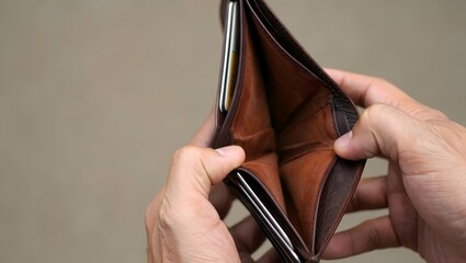Empty Brown Leather Wallet Held by Hand - Financial Difficulties Concept