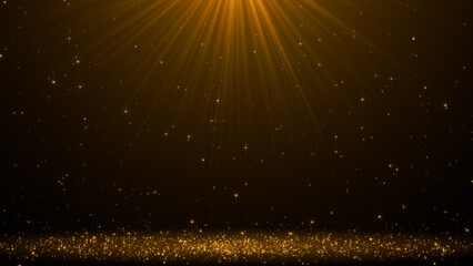 Naklejka premium Golden light rays with sparkling particles on a dark background , luxury golden glitter abstract gold particles and light rays celebration backdrop social media background