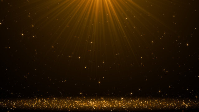 Golden light rays with sparkling particles on a dark background , luxury golden glitter abstract gold particles and light rays celebration backdrop social media background