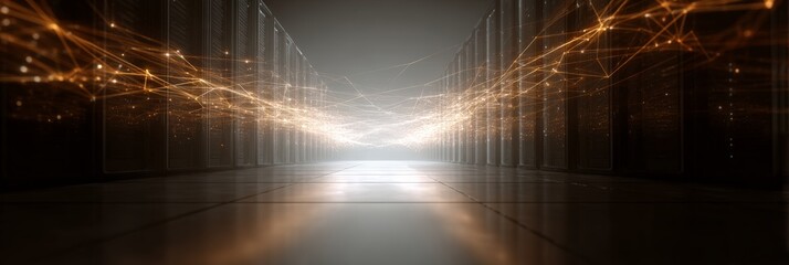 Data center corridor with rows of server racks generating glowing digital network lines and transmitting information, illustrating big data computation and fast internet communication
