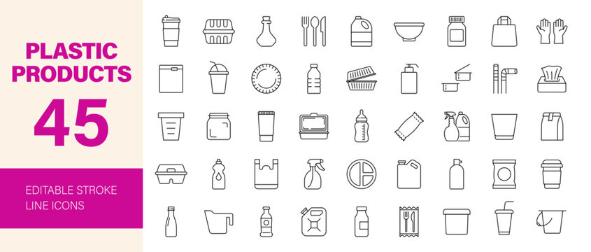 Plastic product icon set. Editable line icons. Vector illustration.