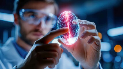 Scientist holding a glowing digital cell hologram in a laboratory, symbolizing advanced biotechnology, medical research, and futuristic science - Powered by Adobe