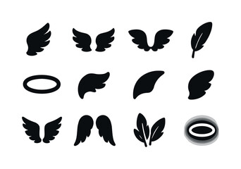 Obraz premium Black Angel Wings Icons. Angel wings. Solid icon set of angel wings: single wing left, single wing right, paired wings, feather, halo, wing tip, wing curve,