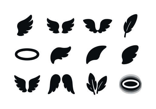 Black Angel Wings Icons. Angel wings. Solid icon set of angel wings: single wing left, single wing right, paired wings, feather, halo, wing tip, wing curve,
