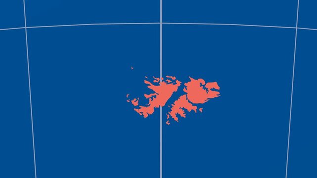 Falkland Islands on Globe. Animated zoom into the country in Ocean Blue Golden Yellow color palette. Falkland Islands logo animation. Map with meridians, parallels. Artistic video.
