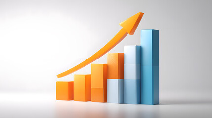 3D Upward Growth Bar Chart with Rising Arrow Isolated on White Background