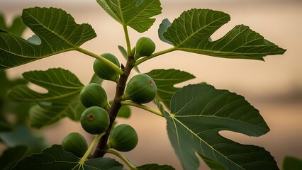 Fototapeta premium Close-up of green figs growing on a fig tree branch with large leaves in a natural setting at dusk