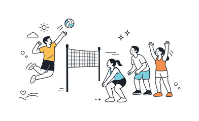 Fun Volleyball Match. People playing volleyball for fun. Simple editorial scene highlighting movement, balance and social connection through sport. Minimalist