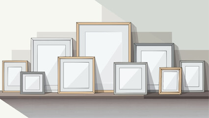 a collection of empty picture frames on a wooden shelf