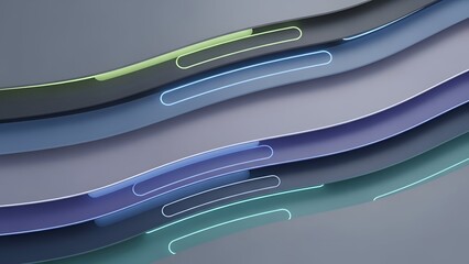 Abstract Wavy Lines Layers in Shades of Gray Blue and Green with Dashed Outline Accents on a Smooth Gradient Background
