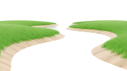 Serene river flowing through green grassy hills under a white sky