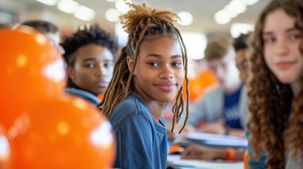 Group of diverse high school students organizing awareness campaign table in school cafeteria, orange balloons and informational brochures visible, students engaging with materials
