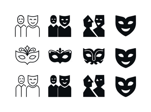 Masked Theater Logos. A live theater performance with actors wearing masks. Icon set. Set Logo of A live theater performance with actors wearing masks: ornate
