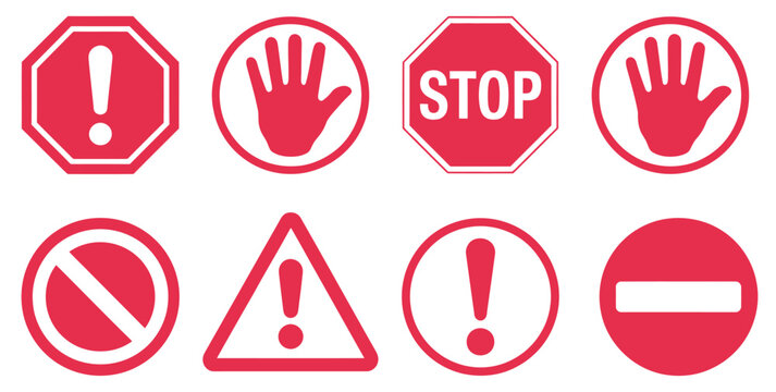 Set of stop street icons, vector collection including red stop signs, hand stop symbols, text-based road signs, traffic safety, urban design elements.