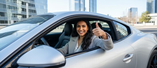 Young woman driver sitting in car giving a thumbs up, smiling confidently after passing driving test or lesson, celebrating independence and success in the city streets