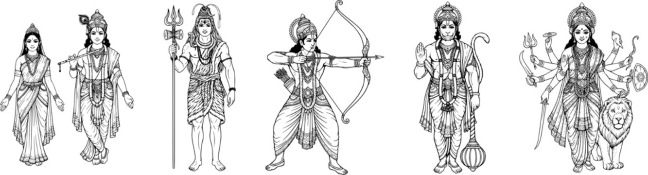 Hindu gods vector bundle with Krishna Radha, Shiva, Rama, Hanuman, and Durga. Detailed line art for religious festivals, temple branding, spiritual social media, and Indian cultural design projects