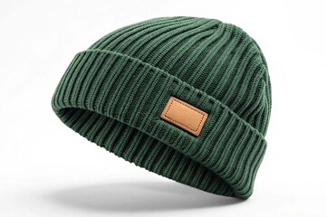 A green knitted cap with a brown square on the front