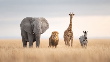 Fototapeta premium Elephant, lion, giraffe, and zebra standing together on the golden savanna grass, representing wildlife conservation and the diverse ecosystem of africa
