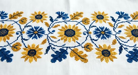 Traditional Ukrainian embroidery with sunflowers and blue floral motifs on white linen fabric. Authentic folk art cross-stitch pattern for cultural crafts.