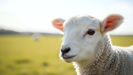 Fototapeta premium Young white lamb with orange ear tags standing in green pasture field during golden hour sunlight for agricultural and farming concepts.