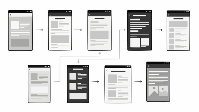 Wireframes of mobile app screens in various stages of design and development process