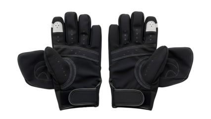 View new of black articulated glove with velcro strap reinforced, isolated on transparent background