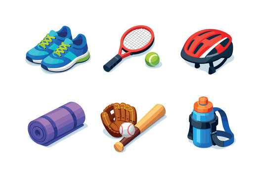 Spring Sports Gear Icons. Spring sports gear set. Isometric flat vector icons set of Spring sports gear set: running shoes pair, tennis racket and ball, bike