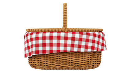 Wicker Picnic Basket with Red Gingham Cloth and Handle