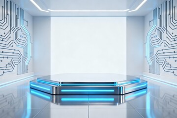 Futuristic tech room with glowing circuit walls