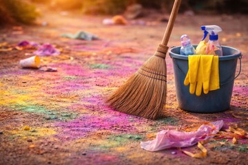 Vibrant Aftermath: A Colorful Scene of Cleanup with Broom, Cleaning Supplies, and Accumulated Powder on the Ground in a Natural Setting