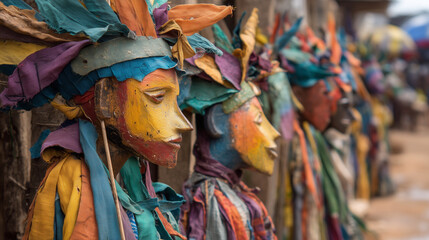 Fototapeta na wymiar Ouidah Voodoo Festival, Masked ritual performers walking in sacred procession during Ouidah Voodoo festival