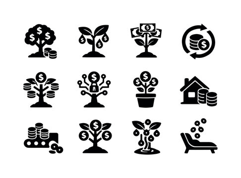 Passive Income Icons. Passive income. Solid icon set of Passive income: income tree, money drip leaves, cash yield plant, recurring profit icon, steady income