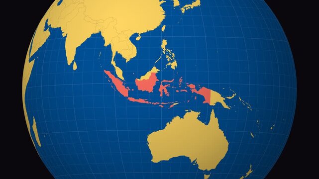 Indonesia on Globe. Animated zoom into the country in Ocean Blue Golden Yellow color palette. Indonesia logo animation. Map with meridians, parallels. Appealing video.